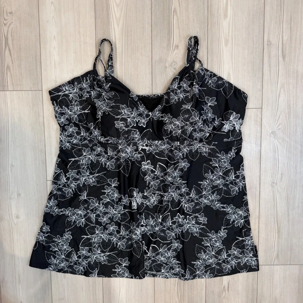 Swimsuits For All Black White Floral Tankini Top Adjustable Straps Size 36